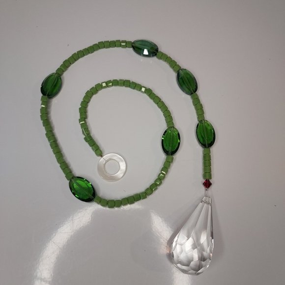 Green glass beaded Suncatcher with 2" Crystal faceted Drop - Picture 1 of 4